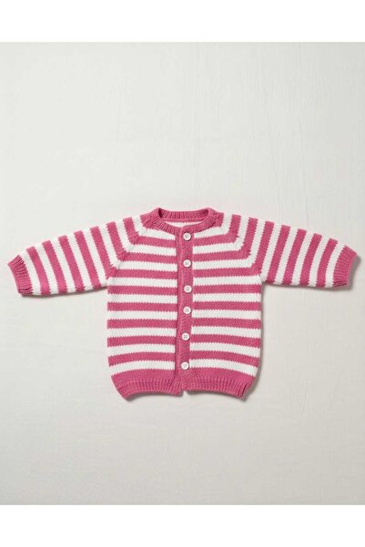 Berliva Home Pink, White Striped 0-6 Months Baby Wool Cardigan-Jacket Hand Kn...