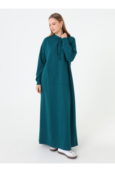 Benin Kangaroo Pocket Hooded Hijab Dress - Dark Emerald -