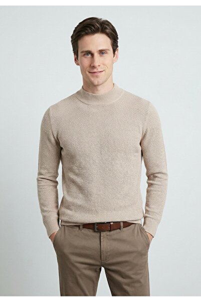 Felix Hardy Men's Goose Feet Patterned Knitwear Half-High Collar Sweater - Beige