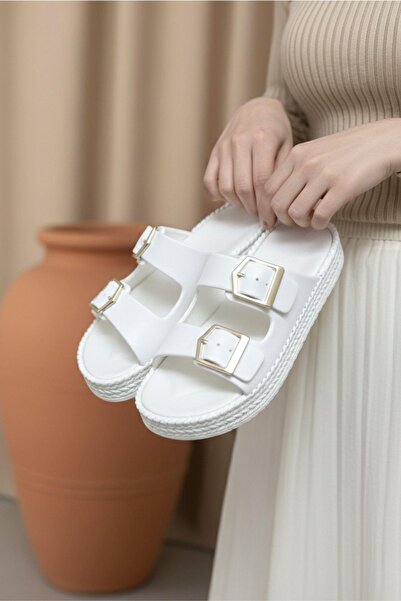 Oksit Lovi Z044 Metal Buckle Detailed Platform Sole Women's Slippers Urban Style