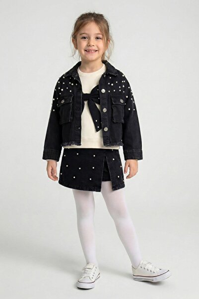 Dmb جاكيت جينز مزين باللؤلؤ للفتيات من 4 إلى 9 سنوات باللون الأسود