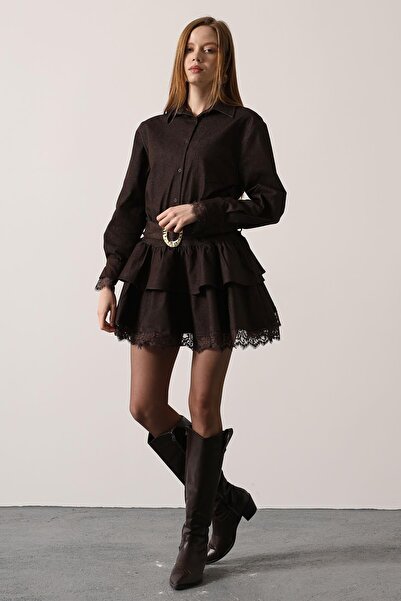 vuvutasarım Belt Detailed Denim Women's Mini Shirt Skirt Dress 35544