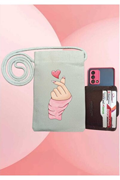 Malika KÜÇÜK KALP BASKILI TELEFON ÇANTASI, Bez Çanta, Omuz Çantası, ,Kanvas Ç...