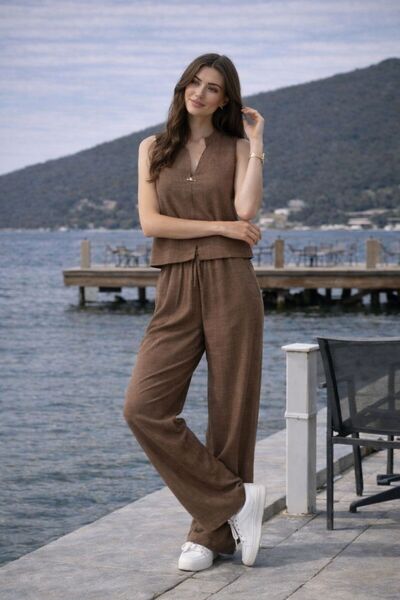 mor butik Women's Brown Linen Accessory Detailed Vest and Pants Set Sleeveles...