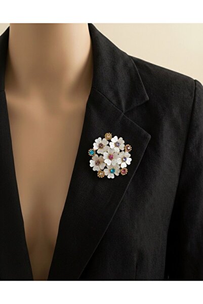 FESECRAFT Taşlı Papatya Detaylı Broş Kadın Aksesuar Yaka Ceket Süsü