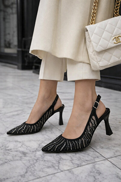 Gold Step ✨ Taş Detaylı File Kadın Topuklu Ayakkabı (Beyaz, Siyah, Krem) – Za...