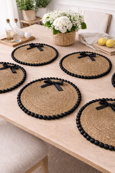 ecrella 2’li Siyah Boncuklu Jüt Amerikan Servis – Siyah Saten Kurdeleli Supla...