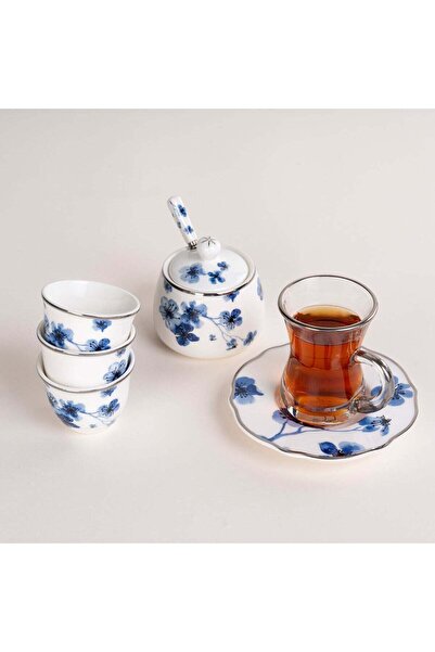 LA MESA blue porcelain and glass tea and coffee cups set 21 pcs