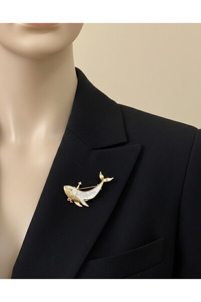 FESECRAFT Yunus Balığı Gold Detaylı Broş Kadın Aksesuar Yaka Ceket Süsü