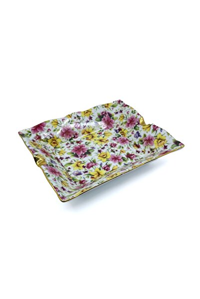 Bıyıklı Tobacco منفضة سجائر من البورسلين الفاخر بنقش زهور مذهبة بالذهب