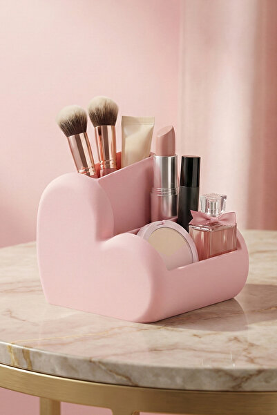 ENG.CO Pastel Pink Makeup Table Organizer with Horizontal Heart-Shaped Compar...