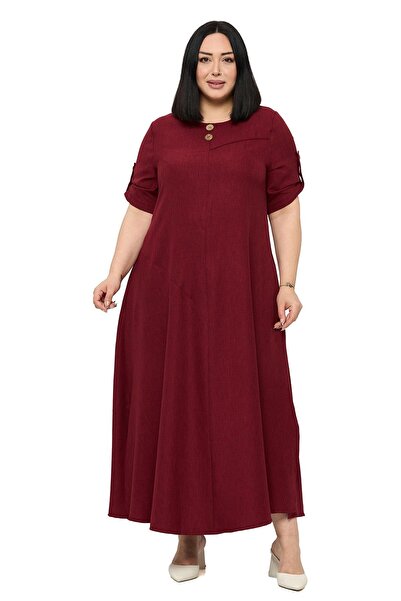 DISENTIS MODEST Plus Size Folded Half Sleeve Epaulet Slit Long Burgundy Dress