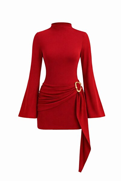 MYCPARL Red Women's Stand Collar Buckle Detailed Belted Gathering Mini Design...