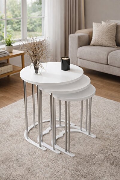 Teknor Tokyo Gümüş Beyaz Mdf 3 lü Yuvarlak C Zigon Sehpa