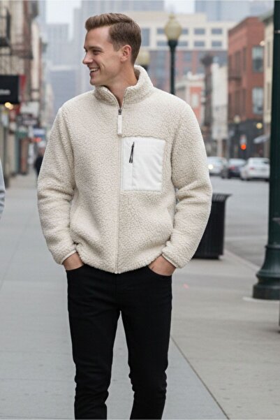 KNUP Men's Ecru Zippered Winter Sweatshirt - with Pockets, Sherpa Fabric