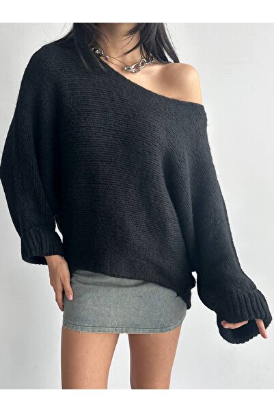 DİLARA GİYİM Off-Shoulder Casual Black Knit Sweater