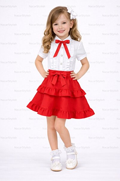 Nacar Kız Çocuk 23 Nisan 29 Ekim Fırfır Etek&Fiyonk Detaylı Gömlek - Kız Çocu...