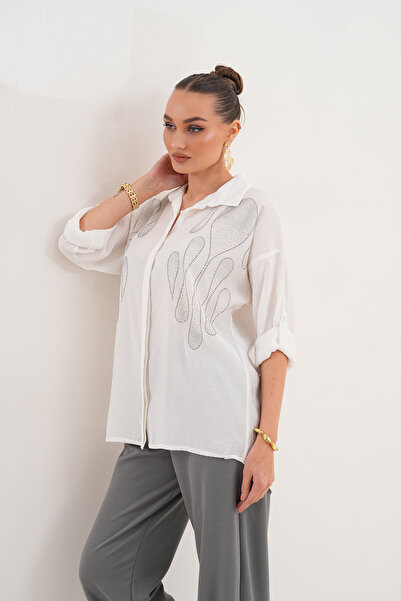 ZENA BY ÇETİN LEVENT Oversize Loose Cut Women's Shirt with Drop Stone Detail