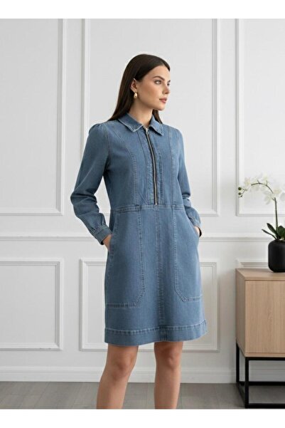 Maysev Polo Yaka Yarım Pat Fermuarlı Cepli Denim Midi Elbise