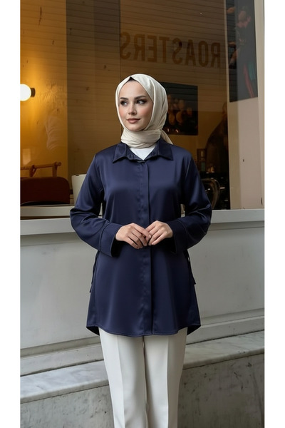 Lunsera Store Side-Tie Satin Tunic-Navy Blue