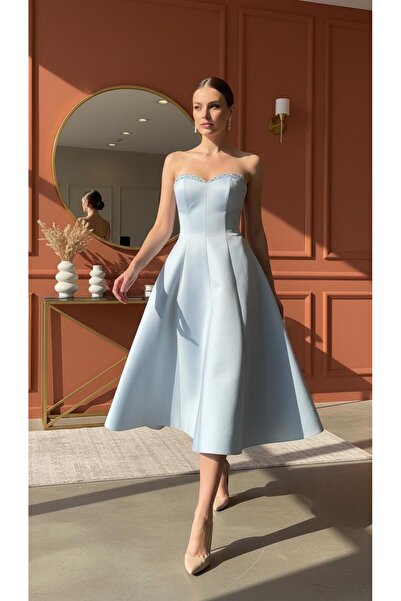 aşkın göksu Mavi Göğüs Taş İşlemeli Midi Boy Kadın Abiye