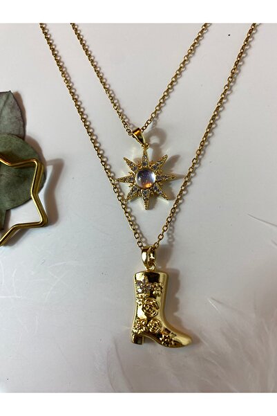 DGD ACCESSORIES Taşlı Güneş&Gül Desenli Kovboy Çizme-2’li Set Kolye