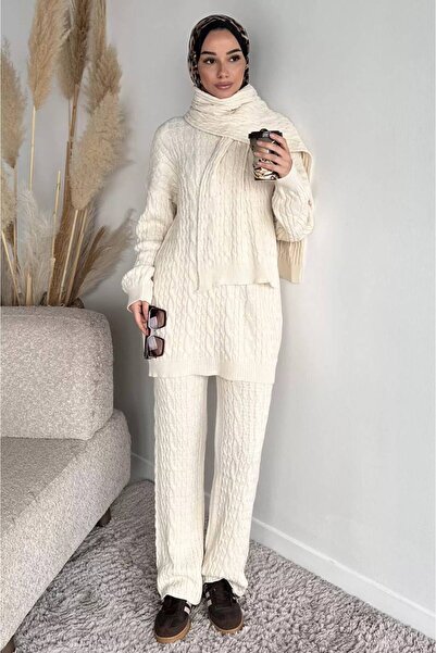 DİLARA GİYİM طقم ثلاثي من الملابس المحبوكة المحجبة: سترة وشاح مزينة بالضفائر ...