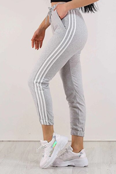 aytok tekstil Gray Color Cotton Striped 2-Pocket Women's Sweatpants