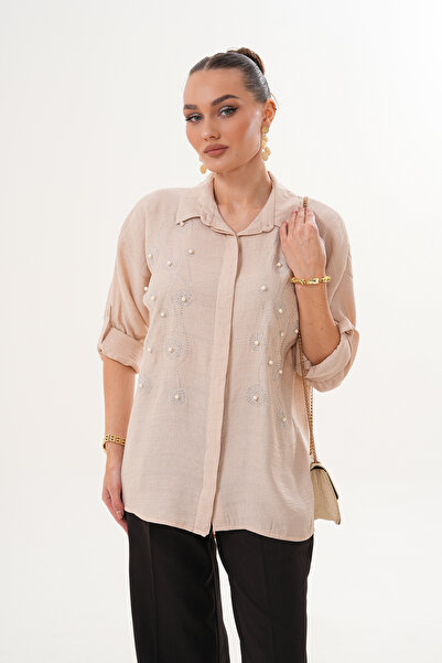 ZENA BY ÇETİN LEVENT Stone Pearl Detailed Loose Cut Women's Shirt