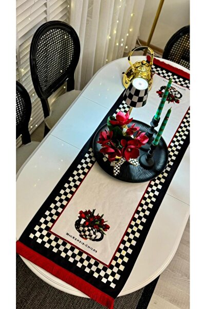 Nef’s Atelier Black and White Checkered Patterned Runner with Red Flower Deta...