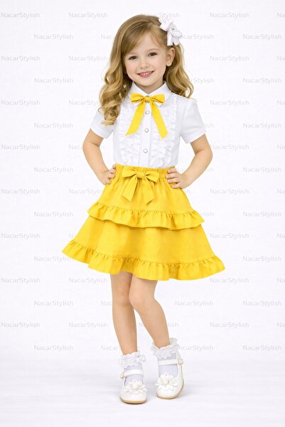 Nacar Kız Çocuk 23 Nisan 29 Ekim Fırfır Etek&Fiyonk Detaylı Gömlek - Kız Çocu...