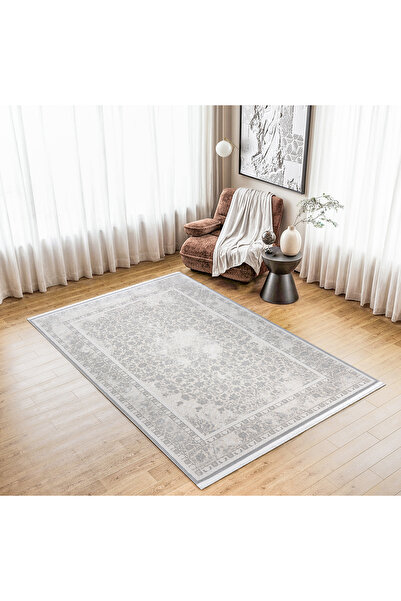 Gri Krem Modern Desen Doğal Taban Saçaklı Salon Koridor Mutfak Çocuk Oturma Odası Halı Yolluk 7135