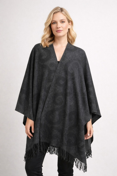 Tasarım Women's Black Patterned Poncho – Tassel Detailed