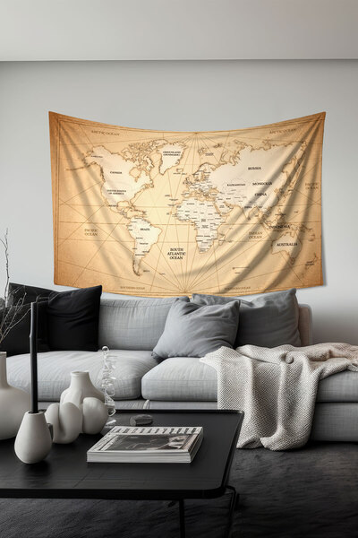 Moud's Tapiserie de perete cu model Harta Lumii, țesătură texturată din piele...