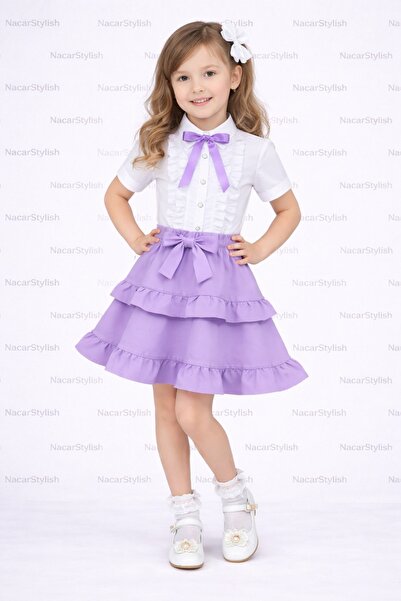 Nacar Kız Çocuk 23 Nisan 29 Ekim Fırfır Etek&Fiyonk Detaylı Gömlek - Kız Çocu...