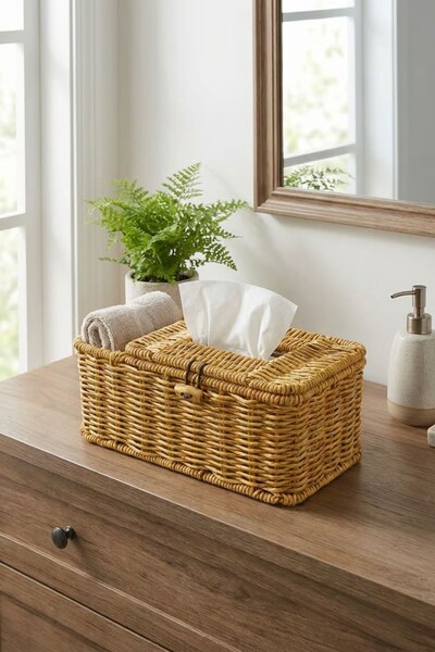 Buffer ®   Natural Rattan Look Wicker Makeup, Jewelry, and Towel Organizer wi...