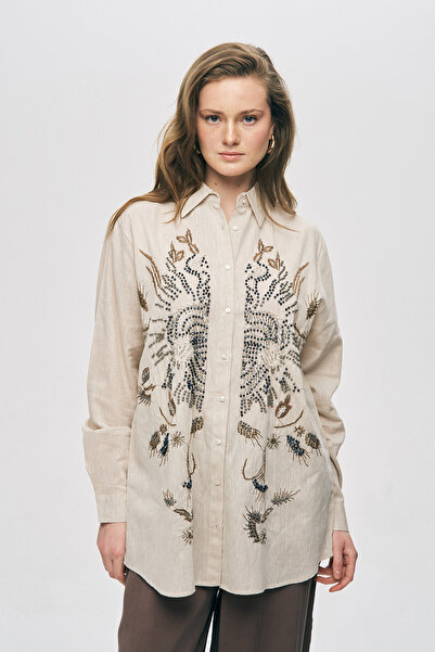 Orfeo Negro Women's Handcrafted Ethnic Embroidered and Beaded Oversize Shirt