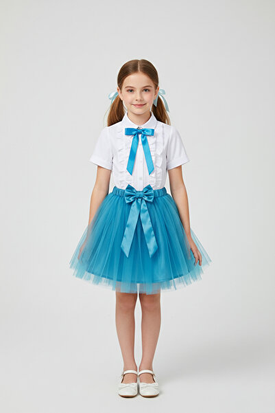 FATELLA Cămașă cu volane și fundă turcoaz pentru fetițe, set fustă tutu turco...