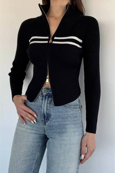 DİLARA GİYİM Stand Collar Double Zipper Knitwear Cardigan