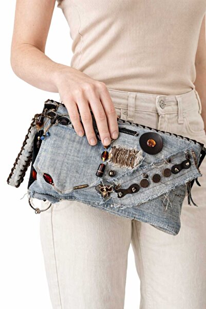 Bodrummix Kahverengi oyalı boncuklu clutch çanta