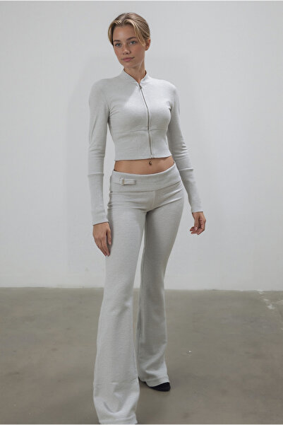 Klotho MAIA Women's Gray Crop Zippered Cardigan with Folded Waist and Soft Sp...