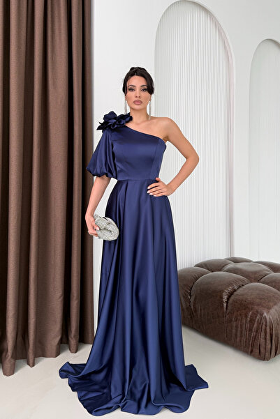 Serica Moda Navy Blue One Shoulder Floral Detailed Long Satin Evening Dress