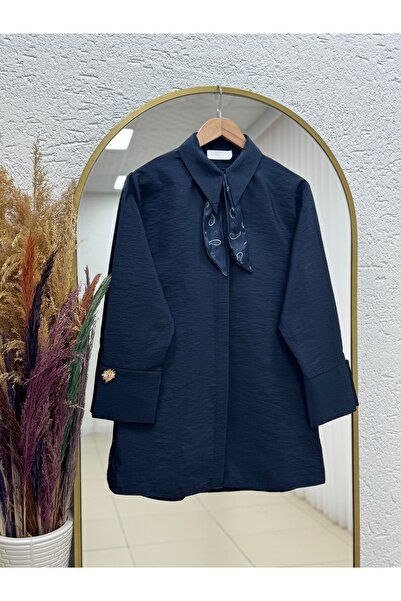 MİHRA STORE Adıgül Hidden Placketed Scarf Sleeve Cuffed Tunic-Şa1192 Navy Blue