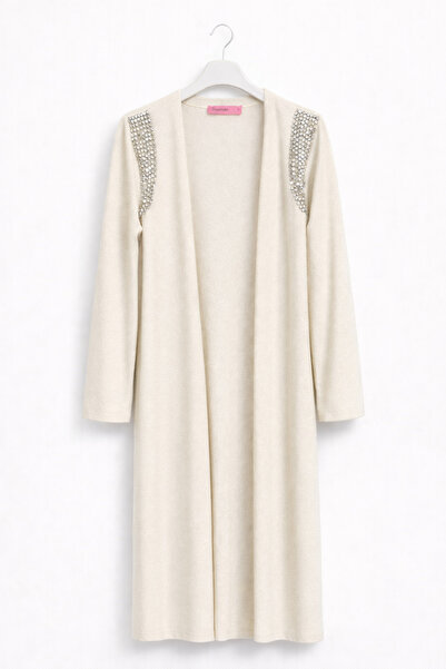 günay boutıque Stone Shoulder Detailed Long Women's Cardigan – Cream