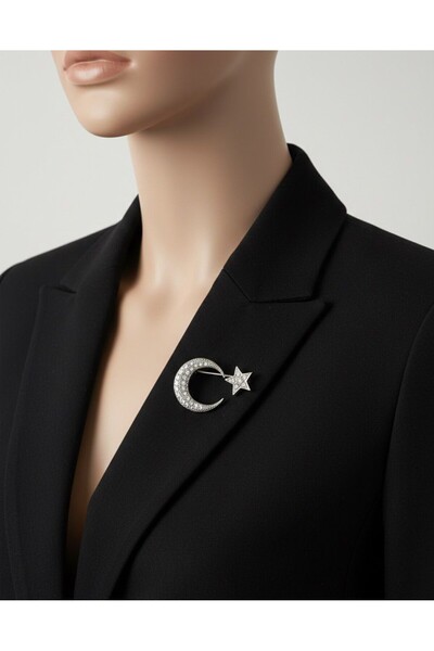 FESECRAFT Taşlı Gümüş Türk Bayrağı Broş Kadın Aksesuar Yaka Ceket Süsü