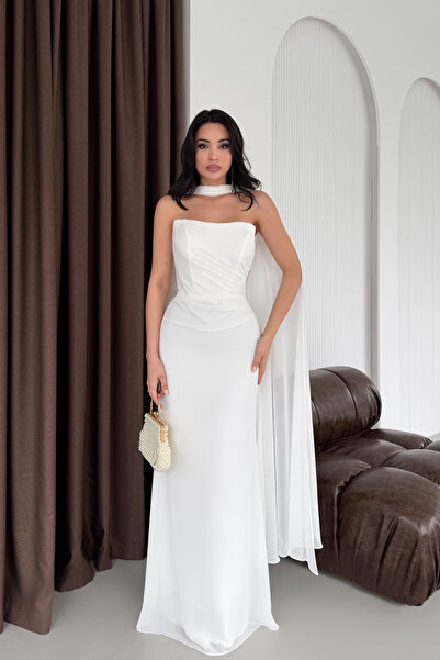 Serica Moda White Strapless Shawl Detailed Draped Evening Dress
