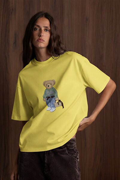 The Champ Clothing Women's Oversize T-Shirt Cozy Bear Printed Yellow – 100% C...
