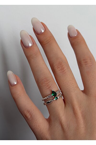 KİLİGİSTANBUL خاتم ذهبي اللون مكون من قطعتين من الحجر الأخضر