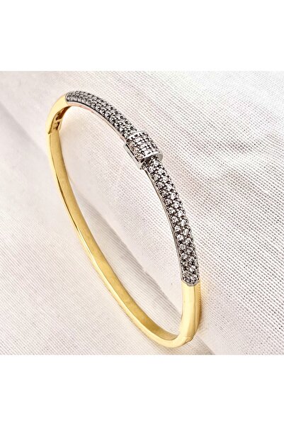 Siya Silver Özel Seri Zirkon Taşlı Çift Renkli Kelepçe Bilezik - 17 cm