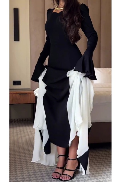 Azyaa Al-Amira Long black evening dress with bell sleeves and corset detailin...